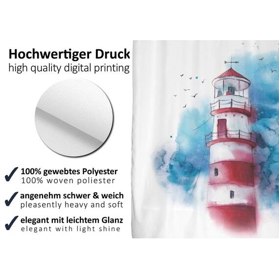 arteneur® - Leuchtturm - Anti-Schimmel Duschvorhang 150x200 - Recycelt mit Öko-Tex Standard 100 - Beschwerter Saum, Blickdicht, Wasserdicht, Waschbar, 10 Ringe & E-Book