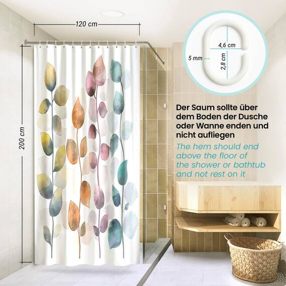 arteneur® - Bunte Blätter - Anti-Schimmel Duschvorhang 120x200 - Recycelt mit Öko-Tex Standard 100 - Beschwerter Saum, Blickdicht, Wasserdicht, Waschbar, 8 Ringe & E-Book
