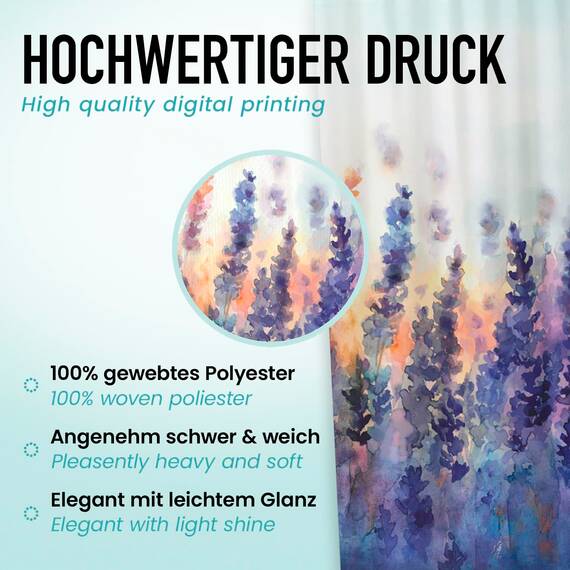 arteneur® - Lavendel - Anti-Schimmel Duschvorhang 120x200 - Recycelt mit Öko-Tex Standard 100 - Beschwerter Saum, Blickdicht, Wasserdicht, Waschbar, 8 Ringe & E-Book