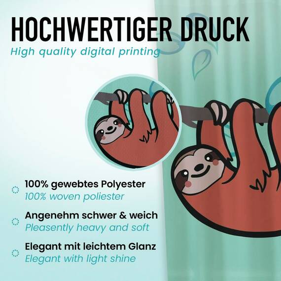 arteneur® - Faultier - Anti-Schimmel Duschvorhang 120x200 - Recycelt mit Öko-Tex Standard 100 - Beschwerter Saum, Blickdicht, Wasserdicht, Waschbar, 8 Haken & E-Book