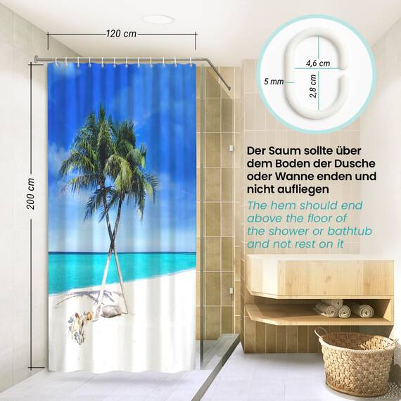arteneur® - Strand - Anti-Schimmel Duschvorhang 120x200 - Recycelt mit Öko-Tex Standard 100 - Beschwerter Saum, Blickdicht, Wasserdicht, Waschbar, 8 Haken & E-Book