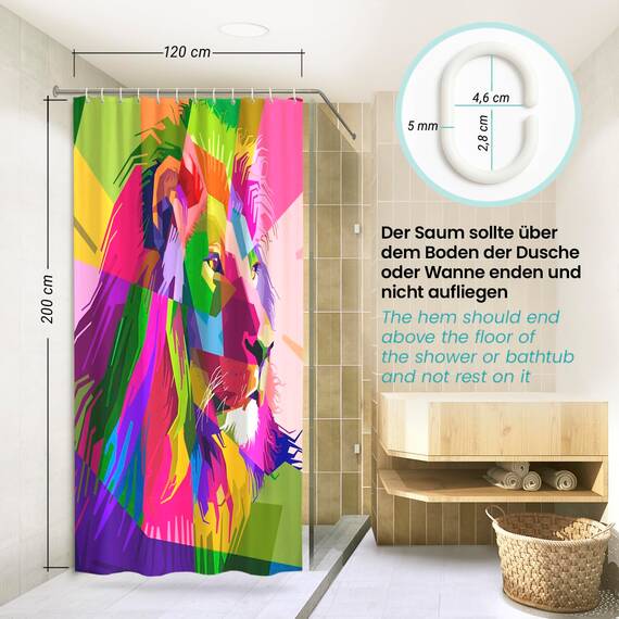 arteneur® - Löwe - Anti-Schimmel Duschvorhang 120x200 - Recycelt mit Öko-Tex Standard 100 - Beschwerter Saum, Blickdicht, Wasserdicht, Waschbar, 8 Haken & E-Book