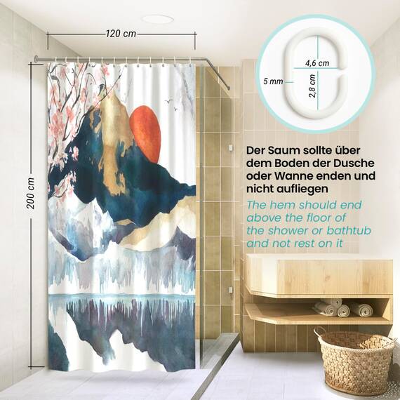 arteneur® - Japan - Anti-Schimmel Duschvorhang 120x200 - Recycelt mit Öko-Tex Standard 100 - Beschwerter Saum, Blickdicht, Wasserdicht, Waschbar, 8 Haken & E-Book