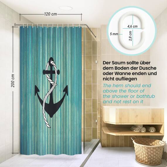 arteneur® - Anker - Anti-Schimmel Duschvorhang 120x200 - Recycelt mit Öko-Tex Standard 100 - Beschwerter Saum, Blickdicht, Wasserdicht, Waschbar, 8 Ringe & E-Book mit Reinigungs-Tipps