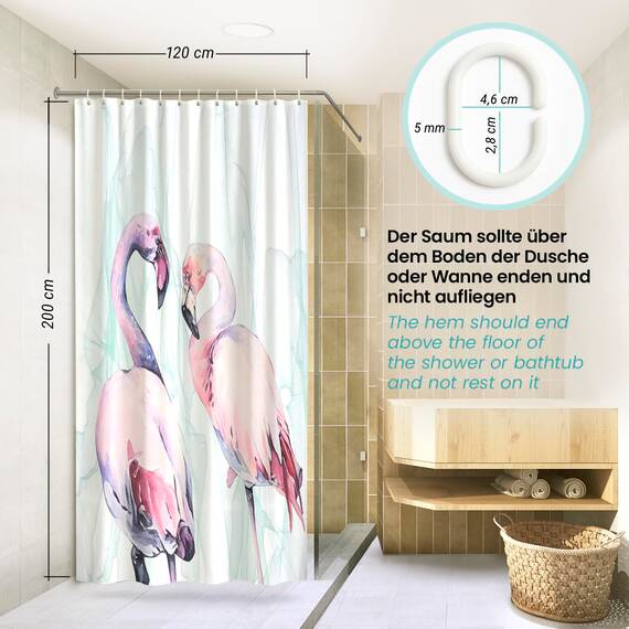 arteneur® - Loving Flamingos - Anti-Schimmel Duschvorhang 120x200 - Recycelt mit Öko-Tex Standard 100 - Beschwerter Saum, Blickdicht, Wasserdicht, Waschbar, 8 Ringe & E-Book mit Reinigungs-Tipps