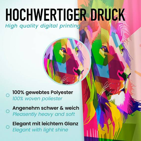 arteneur® - Löwe - Anti-Schimmel Duschvorhang 120x200 - Recycelt mit Öko-Tex Standard 100 - Beschwerter Saum, Blickdicht, Wasserdicht, Waschbar, 8 Haken & E-Book