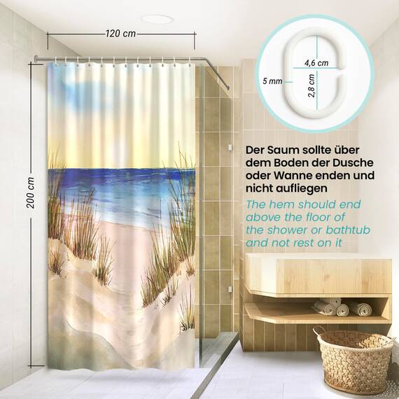 arteneur® - Meeresküste - Anti-Schimmel Duschvorhang 120x200 - Recycelt mit Öko-Tex Standard 100 - Beschwerter Saum, Blickdicht, Wasserdicht, Waschbar, 8 Ringe