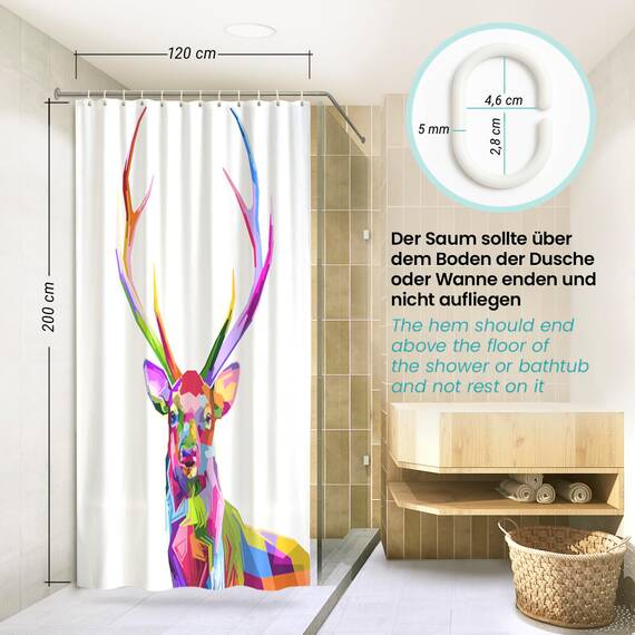 arteneur® - Bunter Hirsch - Anti-Schimmel Duschvorhang 120x200 - Recycelt mit Öko-Tex Standard 100 - Beschwerter Saum, Blickdicht, Wasserdicht, Waschbar, 8 Haken & E-Book