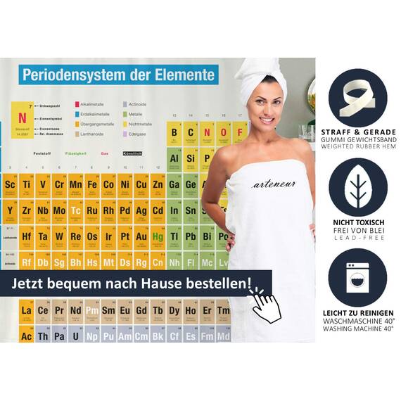 arteneur® - Periodensystem Deutsch - Anti-Schimmel Duschvorhang 180x180 - Recycelt mit Öko-Tex Standard 100 - Beschwerter Saum, Blickdicht, Wasserdicht, Waschbar, 12 Ringe & E-Book