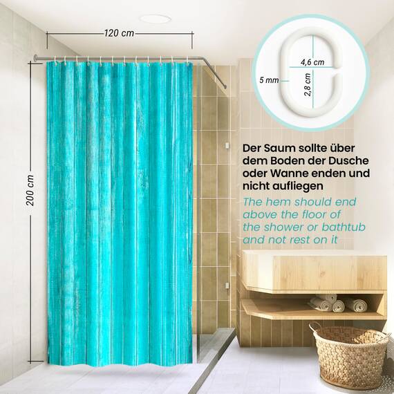 arteneur® - Holz Türkis - Anti-Schimmel Duschvorhang 120x200 - Recycelt mit Öko-Tex Standard 100 - Beschwerter Saum, Blickdicht, Wasserdicht, Waschbar, 8 Ringe & E-Book mit Reinigungs-Tipps