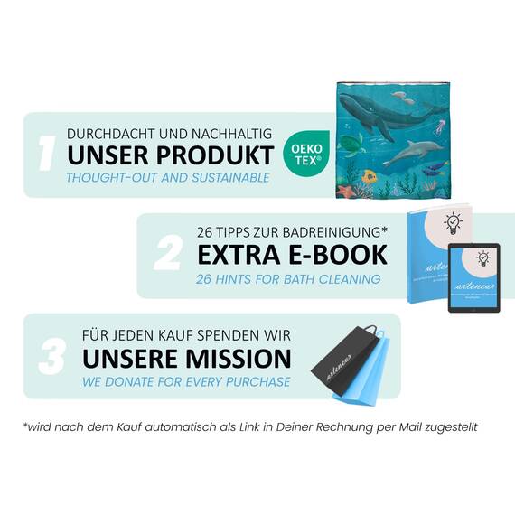 arteneur® - Unterwasser - Anti-Schimmel Duschvorhang 180x200 - Recycelt mit Öko-Tex Standard 100 - Beschwerter Saum, Blickdicht, Wasserdicht, Waschbar, 12 Ringe & E-Book mit Reinigungs-Tipps
