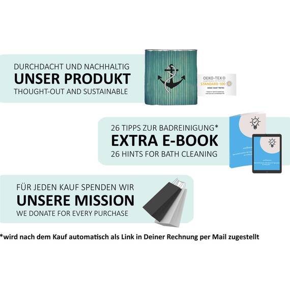 arteneur® - Anker - Anti-Schimmel Duschvorhang 180x200 - Recycelt mit Öko-Tex Standard 100 - Beschwerter Saum, Blickdicht, Wasserdicht, Waschbar, 12 Ringe & E-Book mit Reinigungs-Tipps