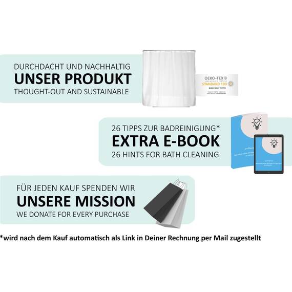 arteneur® - Duschvorhang Weiss - Anti-Schimmel Duschvorhänge 150x200 - Recycelt mit Öko-Tex Standard 100 - Beschwerter Saum, Blickdicht, Wasserdicht, Waschbar, 10 Ringe & E-Book