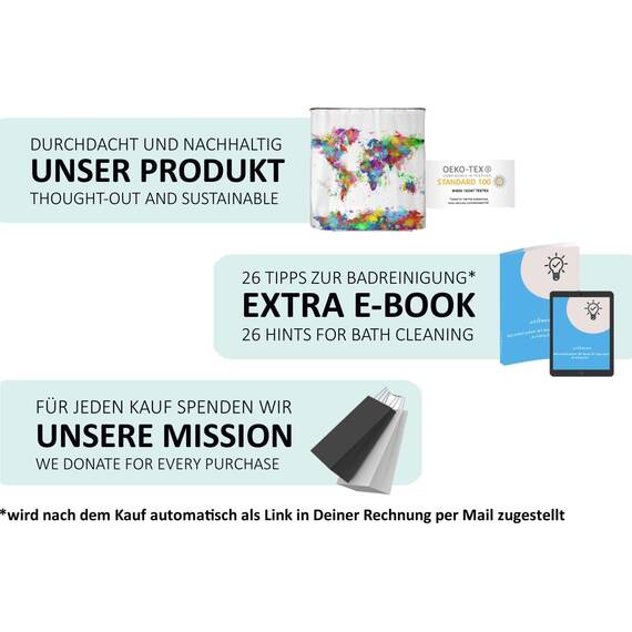arteneur® - Weltkarte - Anti-Schimmel Duschvorhang 120x200 - Recycelt mit Öko-Tex Standard 100 - Beschwerter Saum, Blickdicht, Wasserdicht, Waschbar, 8 Ringe & E-Book mit Reinigungs-Tipps