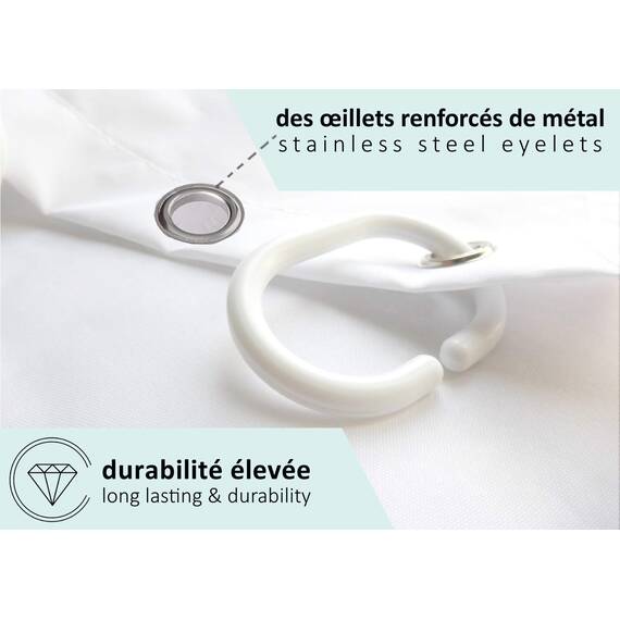 arteneur® - Duschvorhang Periodensystem Französisch - Anti-Schimmel Duschvorhänge 180x200 - Recycelt mit Öko-Tex Standard 100 - Beschwerter Saum Ohne Kleben, Wasserdicht, Waschbar, 12 Ringe in Weiß