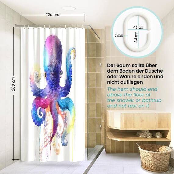 arteneur® - Wasserfarben Tintenfisch - Anti-Schimmel Duschvorhang 120x200 - Recycelt mit Öko-Tex Standard 100 - Beschwerter Saum, Blickdicht, Wasserdicht, Waschbar, 8 Haken & E-Book