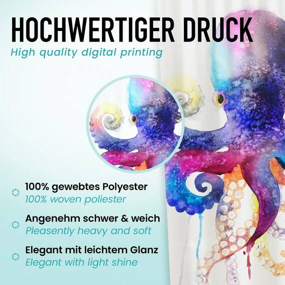 arteneur® - Wasserfarben Tintenfisch - Anti-Schimmel Duschvorhang 120x200 - Recycelt mit Öko-Tex Standard 100 - Beschwerter Saum, Blickdicht, Wasserdicht, Waschbar, 8 Haken & E-Book