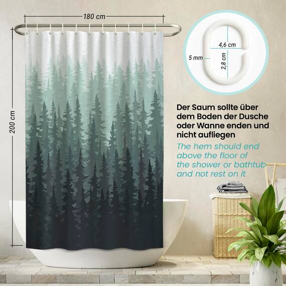 arteneur® - Tannenwald - Anti-Schimmel Duschvorhang 180x200 - Recycelt mit Öko-Tex Standard 100 - Beschwerter Saum, Blickdicht, Wasserdicht, Waschbar, 12 Ringe & E-Book mit Reinigungs-Tipps
