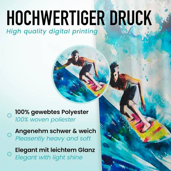 arteneur® - Wasserfarben Surfer - Anti-Schimmel Duschvorhang 180x200 - Recycelt mit Öko-Tex Standard 100 - Beschwerter Saum, Blickdicht, Wasserdicht, Waschbar, 12 Ringe & E-Book