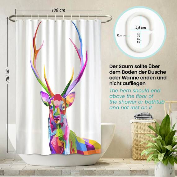 arteneur® - Bunter Hirsch - Anti-Schimmel Duschvorhang 180x200 - Recycelt mit Öko-Tex Standard 100 - Beschwerter Saum, Blickdicht, Wasserdicht, Waschbar, 12 Ringe & E-Book mit Reinigungs-Tipps