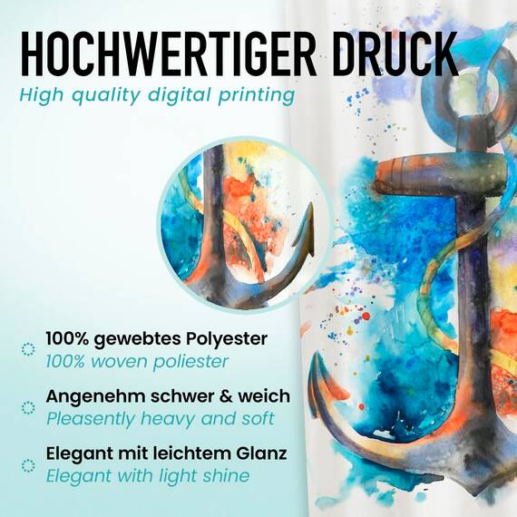 arteneur® - Wasserfarben Anker - Anti-Schimmel Duschvorhang 120x200 - Recycelt mit Öko-Tex Standard 100 - Beschwerter Saum, Blickdicht, Wasserdicht, Waschbar, 8 Ringe & E-Book