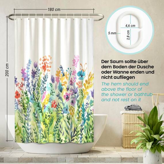 arteneur® - Bunte Blumen - Anti-Schimmel Duschvorhang 180x200 - Recycelt mit Öko-Tex Standard 100 - Beschwerter Saum, Blickdicht, Wasserdicht, Waschbar, 12 Ringe & E-Book