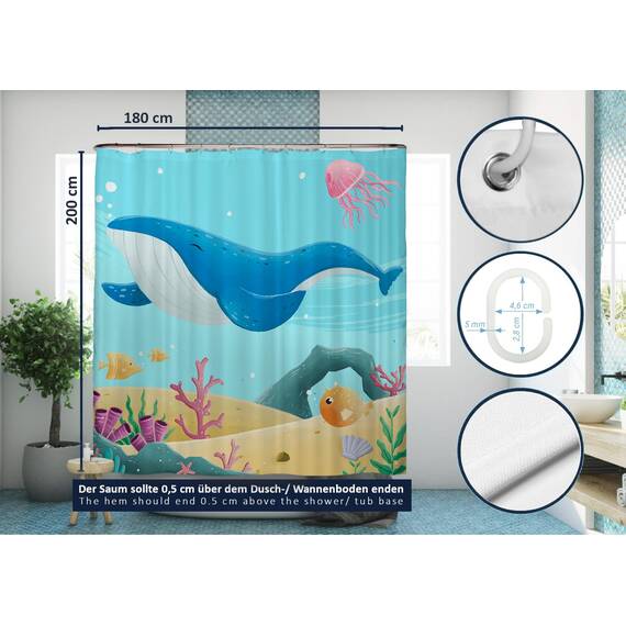 arteneur® - Tiefsee Tango - Anti-Schimmel Duschvorhang 180x200 - Recycelt mit Öko-Tex Standard 100 - Beschwerter Saum, Blickdicht, Wasserdicht, Waschbar, 12 Ringe in Grau & E-Book mit Reinigungs-Tipps