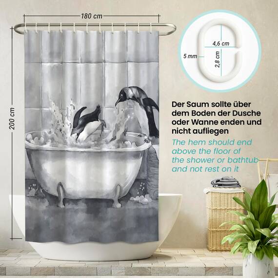 arteneur® - Pinguine - Anti-Schimmel Duschvorhang 180x200 - Recycelt mit Öko-Tex Standard 100 - Beschwerter Saum, Blickdicht, Wasserdicht, Waschbar, 12 Ringe & E-Book