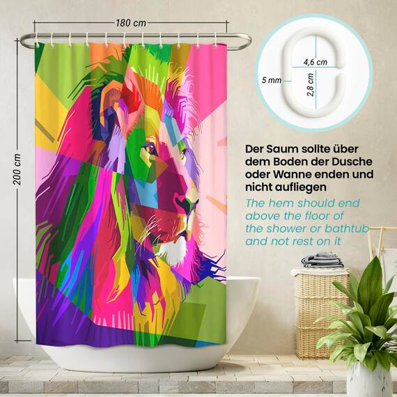 arteneur® - Löwe - Anti-Schimmel Duschvorhang 180x200 - Recycelt mit Öko-Tex Standard 100 - Beschwerter Saum, Blickdicht, Wasserdicht, Waschbar, 12 Ringe & E-Book mit Reinigungs-Tipps