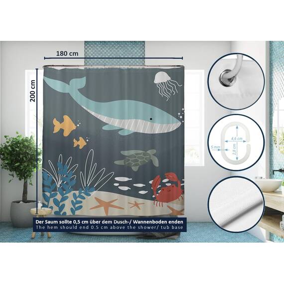 arteneur® - Wasserwelt Dunkelgrau - Anti-Schimmel Duschvorhang 180x200 - Recycelt mit Öko-Tex Standard 100 - Beschwerter Saum, Blickdicht, Wasserdicht, Waschbar, 12 Ringe & E-Book