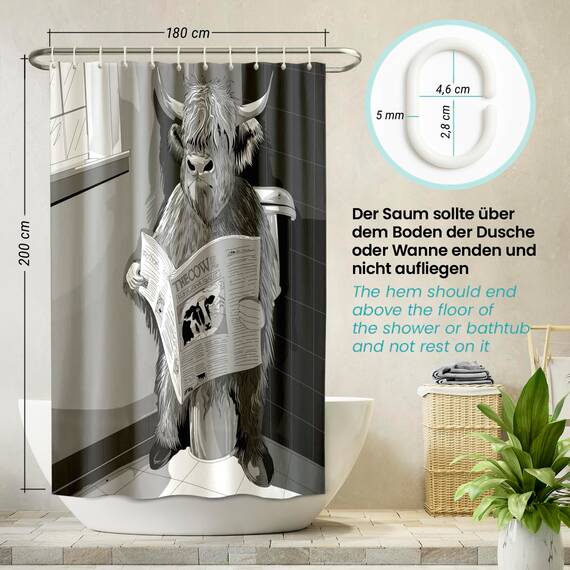arteneur® - Beschäftigte Kuh - Anti-Schimmel Duschvorhang 180x200 - Recycelt mit Öko-Tex Standard 100 - Beschwerter Saum, Blickdicht, Wasserdicht, Waschbar, 12 Ringe & E-Book
