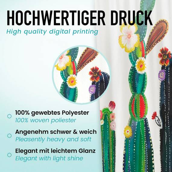 arteneur® - Kaktus Blüten - Anti-Schimmel Duschvorhang 180x200 - Recycelt mit Öko-Tex Standard 100 - Beschwerter Saum, Blickdicht, Wasserdicht, Waschbar, 12 Ringe & E-Book