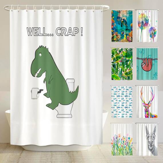 arteneur® - Lustiger Dinosaurier - Anti-Schimmel Duschvorhang 180x200 - Öko-Tex Standard 100 - Beschwerter Saum, Blickdicht, Wasserdicht, Waschbar, 12 Ringe