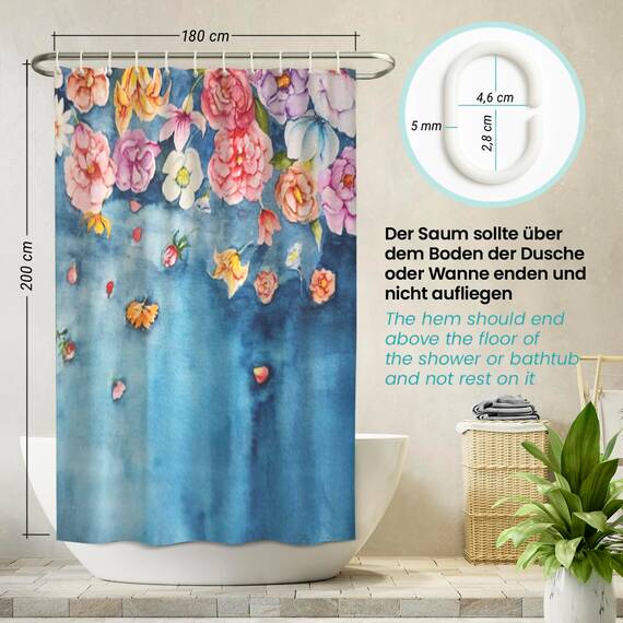 arteneur® - Fallende Blumen - Anti-Schimmel Duschvorhang 180x200 - Öko-Tex Standard 100 - Beschwerter Saum, Blickdicht, Wasserdicht, Waschbar, 12 Ringe