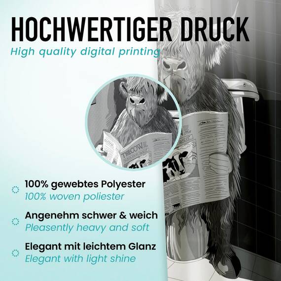 arteneur® - Beschäftigte Kuh - Anti-Schimmel Duschvorhang 180x200 - Recycelt mit Öko-Tex Standard 100 - Beschwerter Saum, Blickdicht, Wasserdicht, Waschbar, 12 Ringe & E-Book