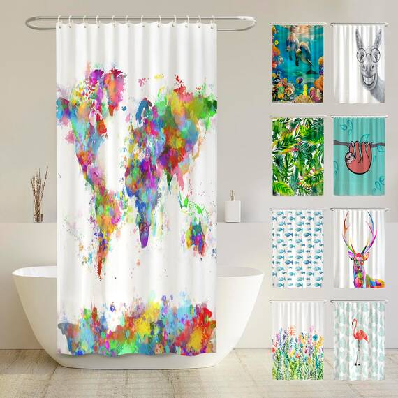 arteneur® - Weltkarte - Anti-Schimmel Duschvorhang 120x200 - Recycelt mit Öko-Tex Standard 100 - Beschwerter Saum, Blickdicht, Wasserdicht, Waschbar, 8 Ringe & E-Book mit Reinigungs-Tipps