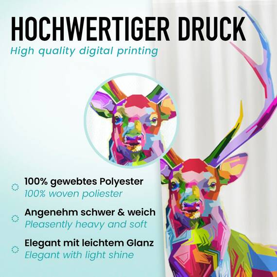arteneur® - Bunter Hirsch - Anti-Schimmel Duschvorhang 180x200 - Recycelt mit Öko-Tex Standard 100 - Beschwerter Saum, Blickdicht, Wasserdicht, Waschbar, 12 Ringe & E-Book mit Reinigungs-Tipps