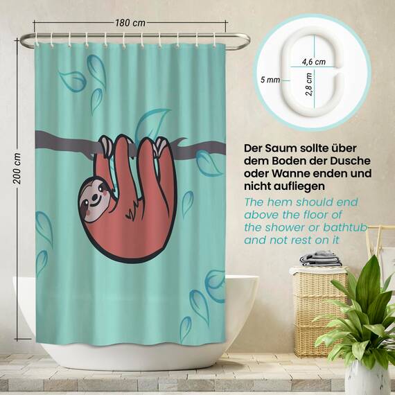 arteneur® - Faultier - Anti-Schimmel Duschvorhang 180x200 - Recycelt mit Öko-Tex Standard 100 Beschwerter Saum aus Gummi, Blickdicht, Wasserdicht, Waschbar, 12 Ringe & E-Book