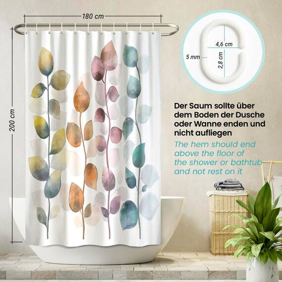 arteneur® - Bunte Blätter - Anti-Schimmel Duschvorhang 180x200 - Recycelt mit Öko-Tex Standard 100 - Beschwerter Saum, Blickdicht, Wasserdicht, Waschbar, 12 Ringe & E-Book