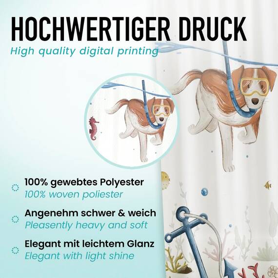 arteneur® - Tauchender Hund - Anti-Schimmel Duschvorhang 180x200 - Recycelt mit Öko-Tex Standard 100 - Beschwerter Saum, Blickdicht, Wasserdicht, Waschbar, 12 Ringe & E-Book