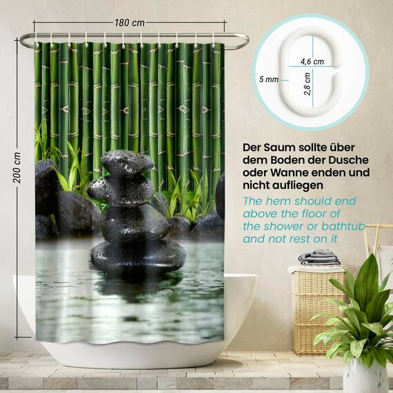arteneur® - Bambus Spa - Anti-Schimmel Duschvorhang 180x200 - Recycelt mit Öko-Tex Standard 100 - Beschwerter Saum, Blickdicht, Wasserdicht, Waschbar, 12 Ringe in Grün & E-Book mit Reinigungs-Tipps