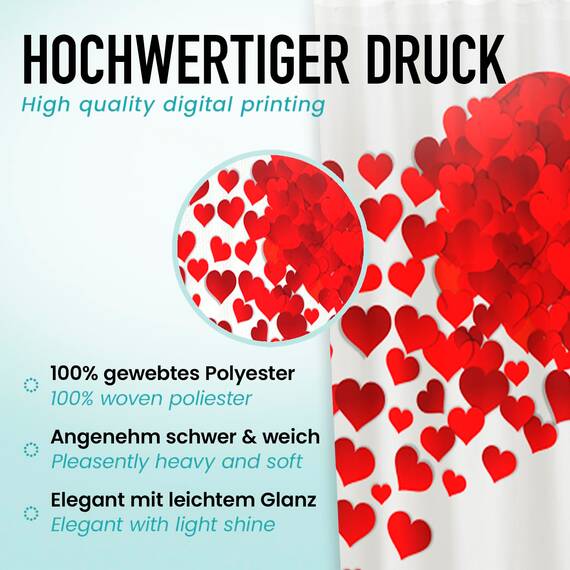 arteneur® - Herz - Anti-Schimmel Duschvorhang 180x200 - Recycelt mit Öko-Tex Standard 100 - Beschwerter Saum, Blickdicht, Wasserdicht, Waschbar, 12 Ringe & E-Book mit Reinigungs-Tipps