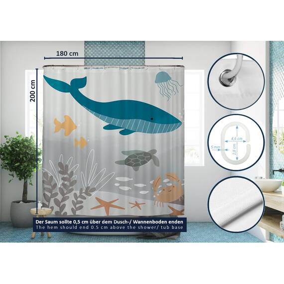 arteneur® - Wasserwelt grau - Anti-Schimmel Duschvorhang 180x200 - Recycelt mit Öko-Tex Standard 100 - Beschwerter Saum, Blickdicht, Wasserdicht, Waschbar, 12 Ringe & E-Book