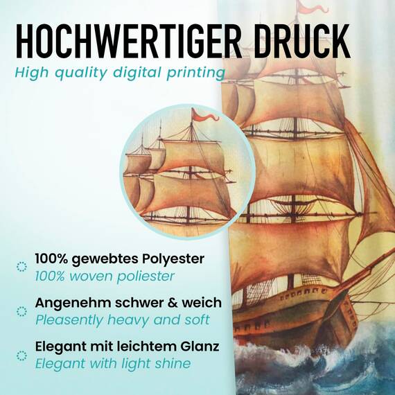 arteneur® - Wasserfarben Piratenschiff - Anti-Schimmel Duschvorhang 180x200 - Recycelt mit Öko-Tex Standard 100 - Beschwerter Saum, Blickdicht, Wasserdicht, Waschbar, 12 Ringe & E-Book