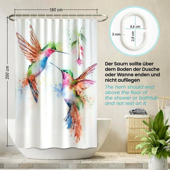 arteneur® - Kolibri - Anti-Schimmel Duschvorhang 180x200 - Öko-Tex Standard 100 - Beschwerter Saum, Blickdicht, Wasserdicht, Waschbar, 12 Ringe