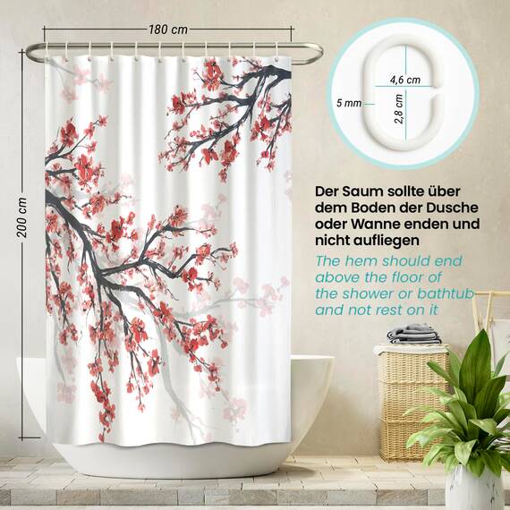 arteneur® - Kirschblüte - Anti-Schimmel Duschvorhang 180x200 - Öko-Tex Standard 100 - Beschwerter Saum, Blickdicht, Wasserdicht, Waschbar, 12 Ringe