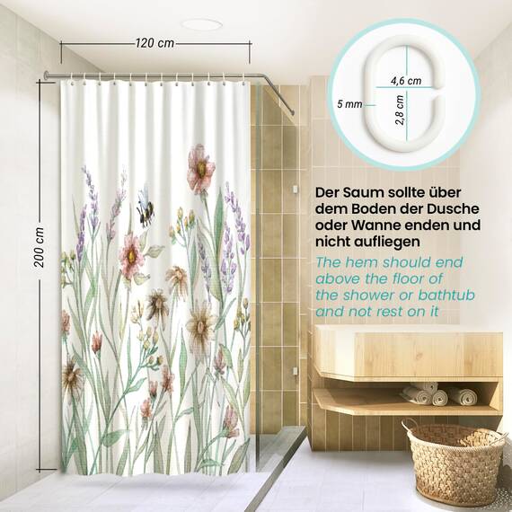 arteneur® - Vintage Blumen - Anti-Schimmel Duschvorhang 120x200 - Recycelt mit Öko-Tex Standard 100 - Beschwerter Saum, Blickdicht, Wasserdicht, Waschbar, 8 Ringe
