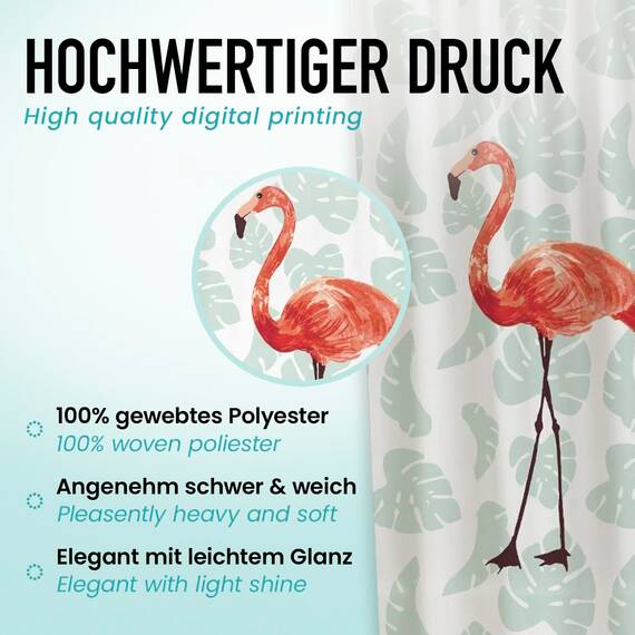 arteneur® - Flamingo - Anti-Schimmel Duschvorhang 180x200 - Recycelt mit mit Öko-Tex Standard 100 - Beschwerter Saum, Blickdicht, Wasserdicht, Waschbar, 12 Ringe & E-Book mit Reinigungs-Tipps