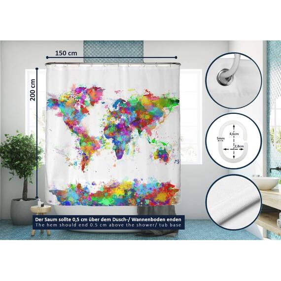 arteneur® - Weltkarte - Anti-Schimmel Duschvorhang 150x200 - Recycelt mit Öko-Tex Standard 100 - Beschwerter Saum, Blickdicht, Wasserdicht, Waschbar, 10 Ringe & E-Book