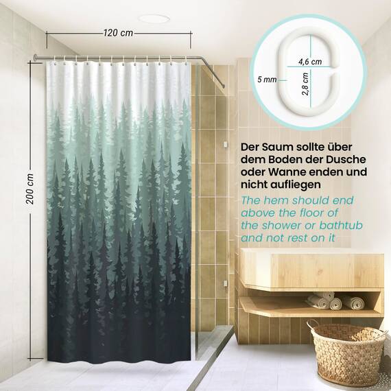 arteneur® - Tannenwald - Anti-Schimmel Duschvorhang 120x200 - Recycelt mit Öko-Tex Standard 100 - Beschwerter Saum, Blickdicht, Wasserdicht, Waschbar, 8 Haken & E-Book